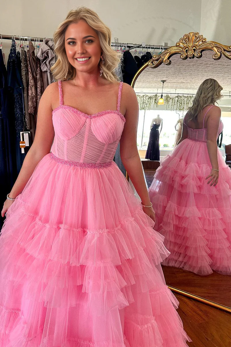 A Line Cute Sweetheart Ruffle Tiered Tulle evening gowns Prom Dress with Beading